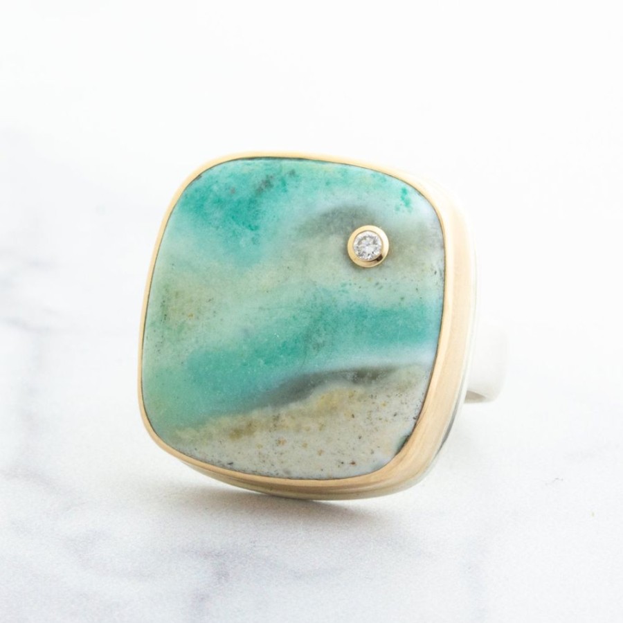 Jewelry Jamie Joseph | Sterling & 14K Gold Blue Indonesian Fossilized Opalized Wood & Diamond Ring