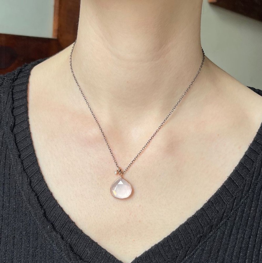 Jewelry Jamie Joseph | Oxidized Sterling & 14K Rose Gold Rose Quartz & Diamond Necklace