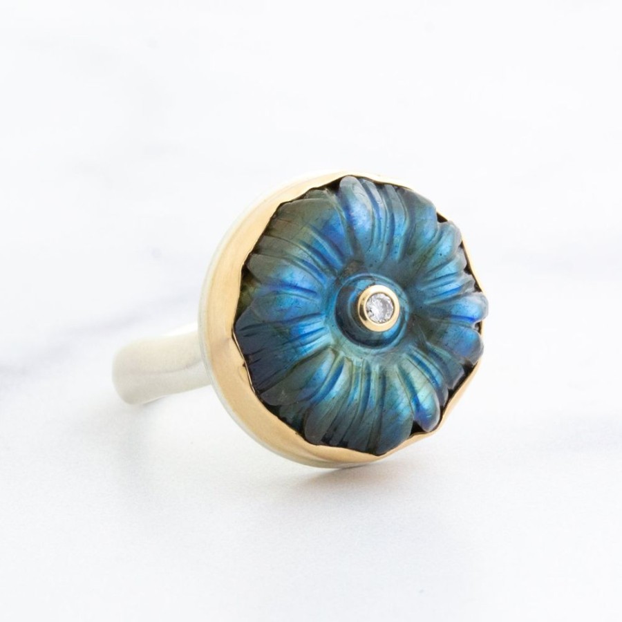 Jewelry Jamie Joseph | Sterling & 18K Gold Carved Flower Labradorite & Diamond Ring