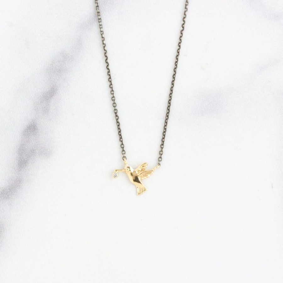 Jewelry Jamie Joseph | Oxidized Sterling & 14K Gold Diamond Hummingbird Necklace